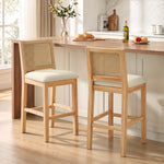 2er-Set Barhocker, Barstühle mit Rückenlehne in Rattan-Optik, gepolsterte Sitzfläche aus Chenille, 66 cm Sitzhöhe, Creme