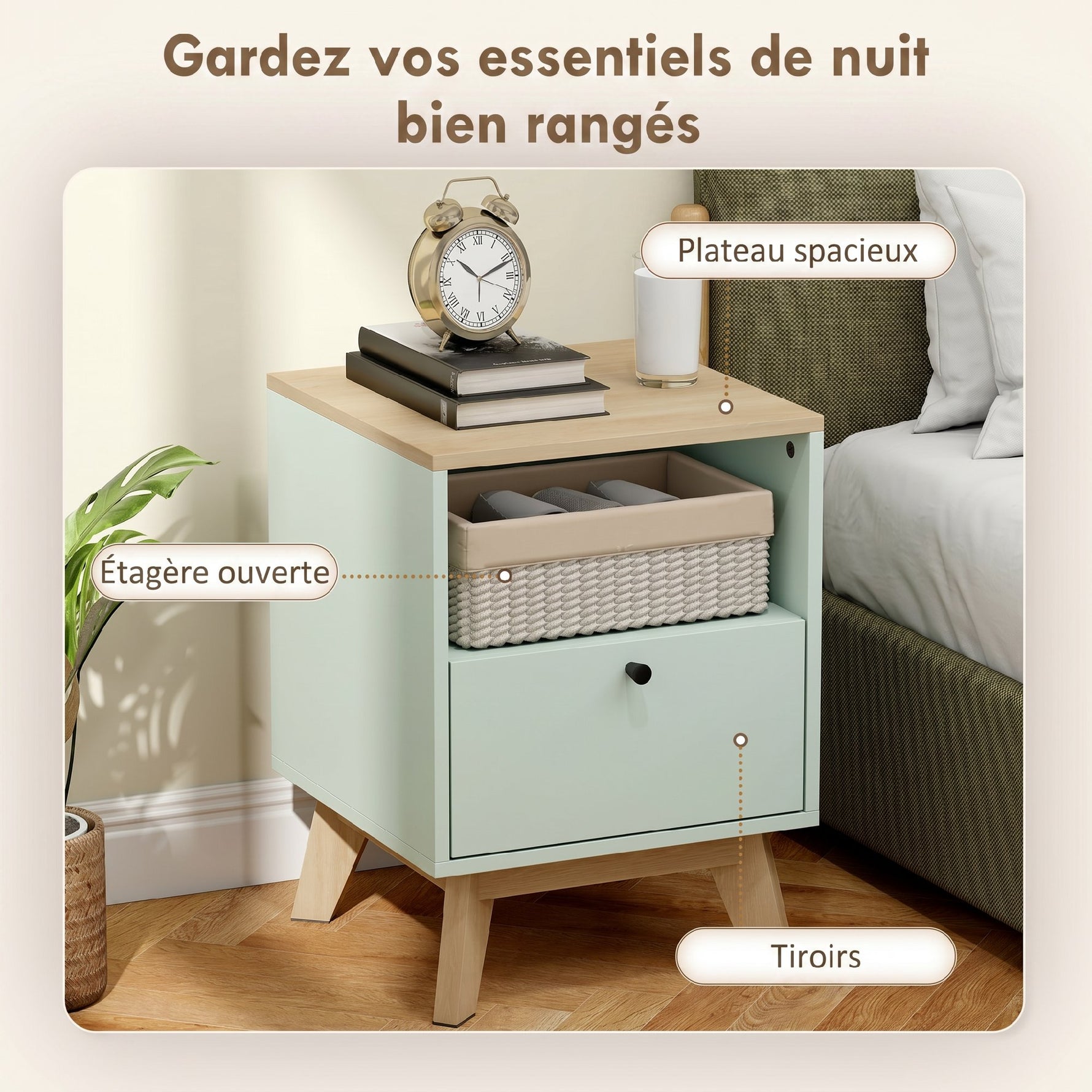 Lot de 2 tables de chevet, tables de nuit avec tiroir et compartiment ouvert, 40 x 40 x 55 cm, chêne et vert clair