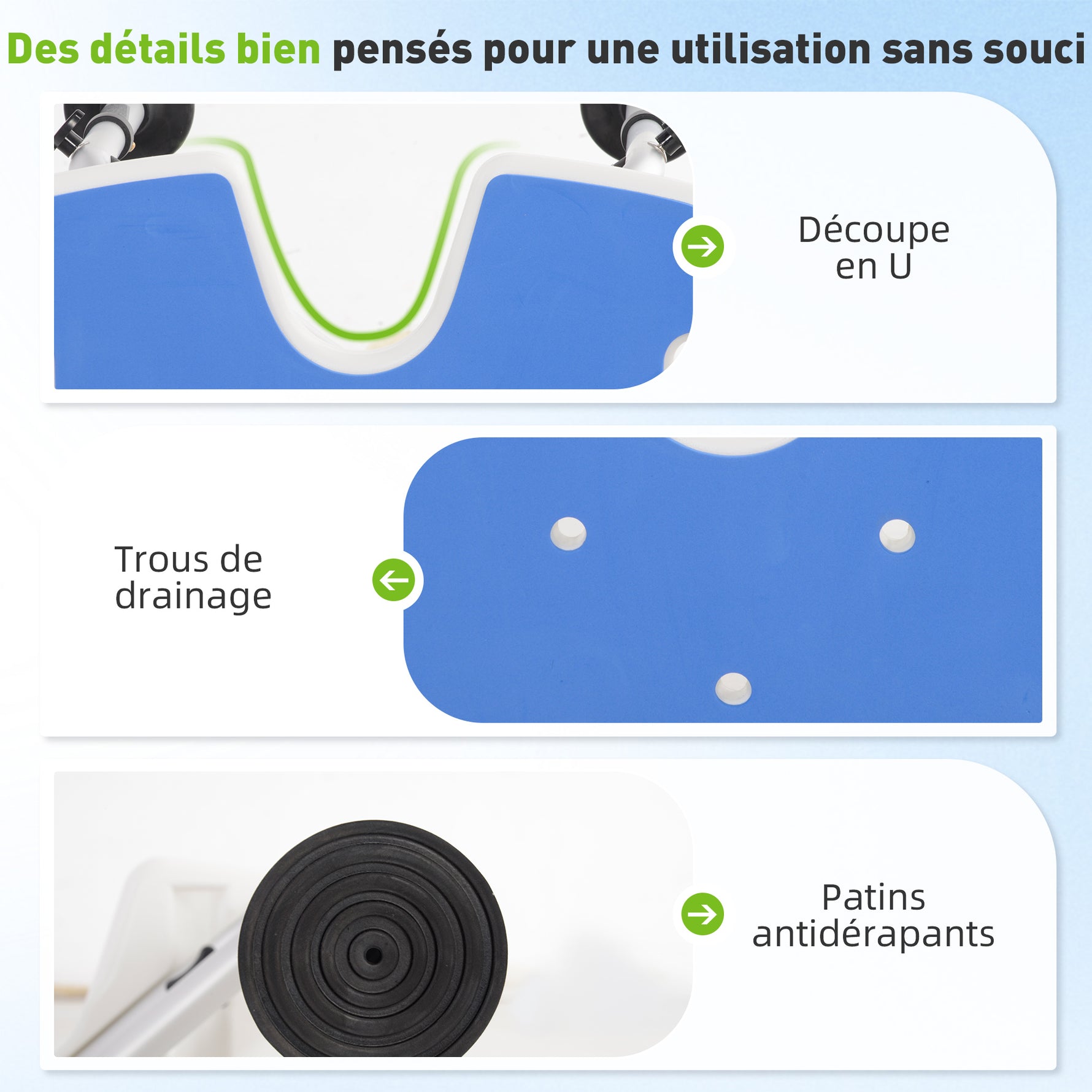 Tabouret de douche siège de douche hauteur ajustable 39-51,5 cm barre d'appui à ventouse patins à ventouse bleu foncé