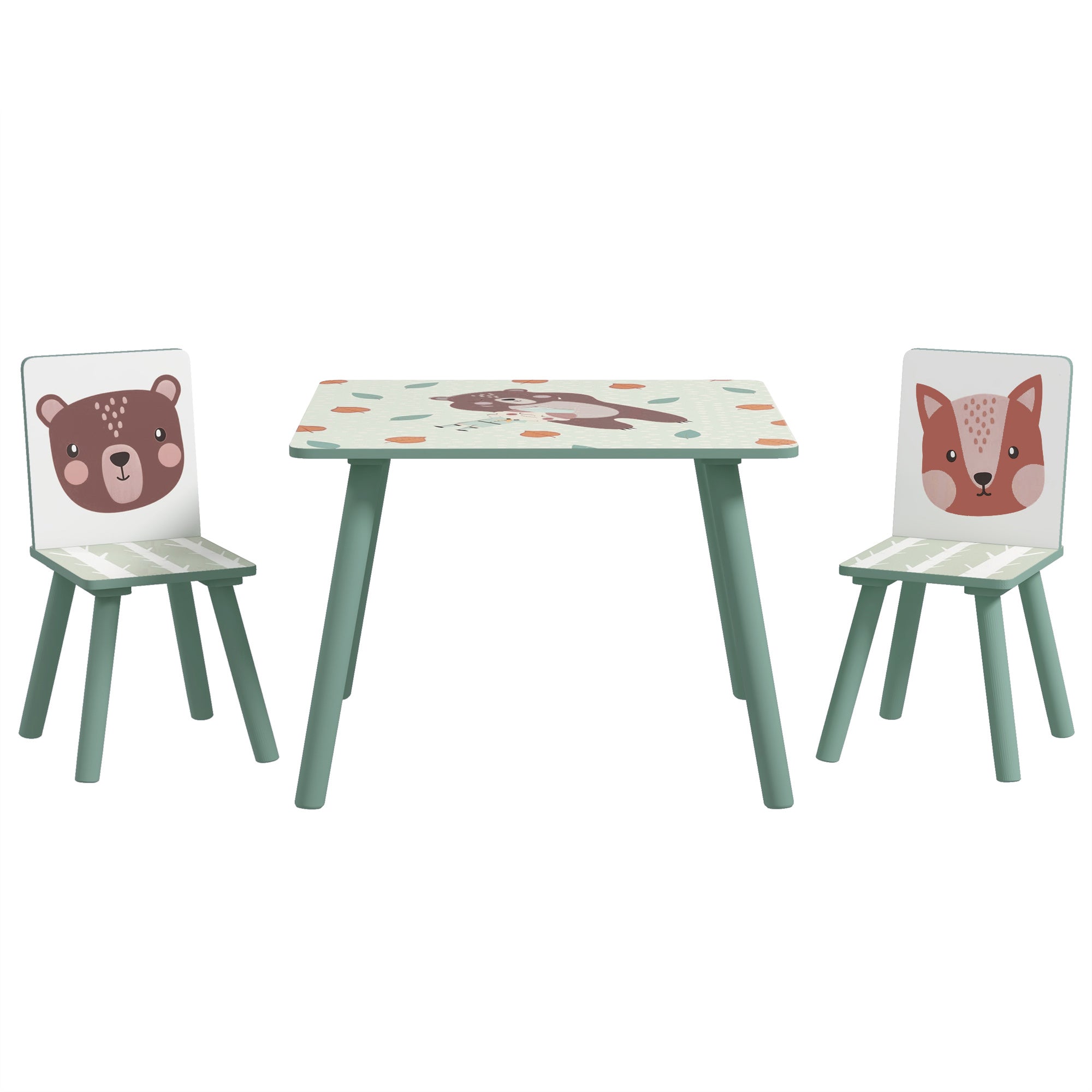Table et 2 chaises pour enfants 3-8 ans ensemble 3 pièces motif animaux pour chambre à coucher salle de jeux vert