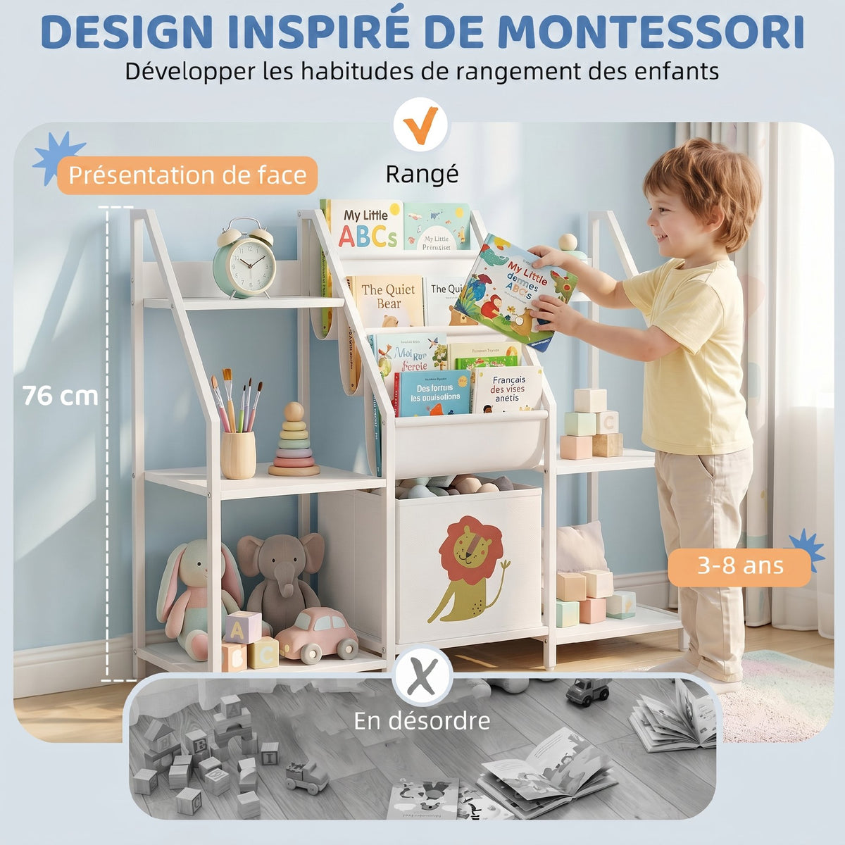 Kinderbücherregal mit 3 Ebenen, Kinderregal mit Stoffschublade, 93 x 30 x 76 cm, Weiß