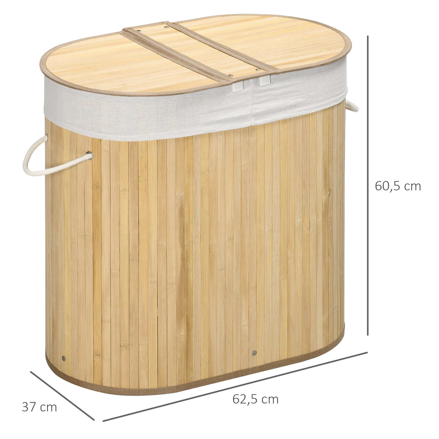 Panier à linge en bambou 100L avec 2 sections couvercle et sac amovible 62,5 x 37 x 60,5 cm - naturel