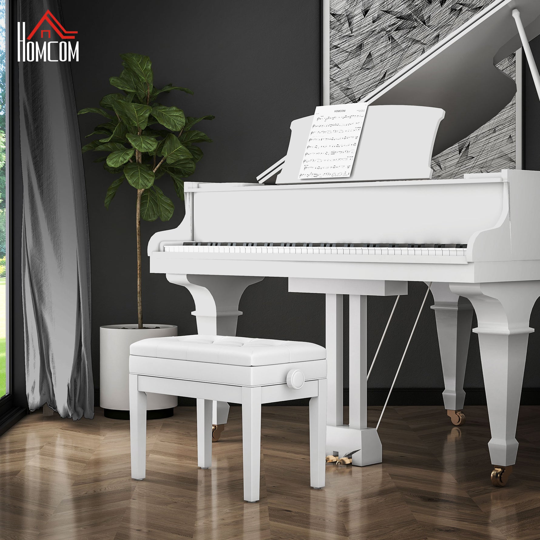 Banc de piano, banc de clavier réglable en hauteur en bois massif, compartiment de rangement, 55 x 33 x 48-58 cm blanc