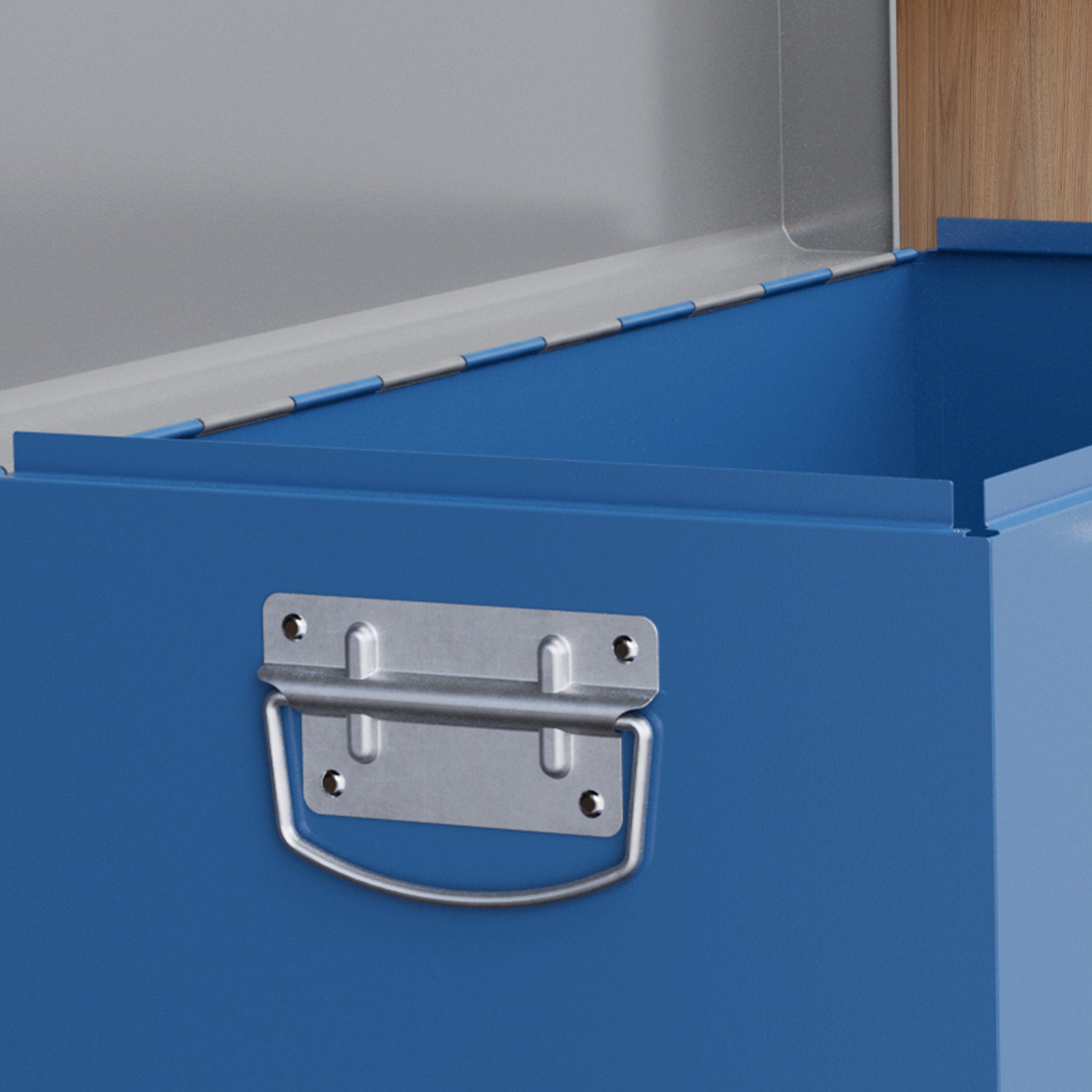 Caisse boite à outils en métal transportable avec 3 poignées, 2 loquets, dim. 50L x 26l x 18,5H cm, bleu