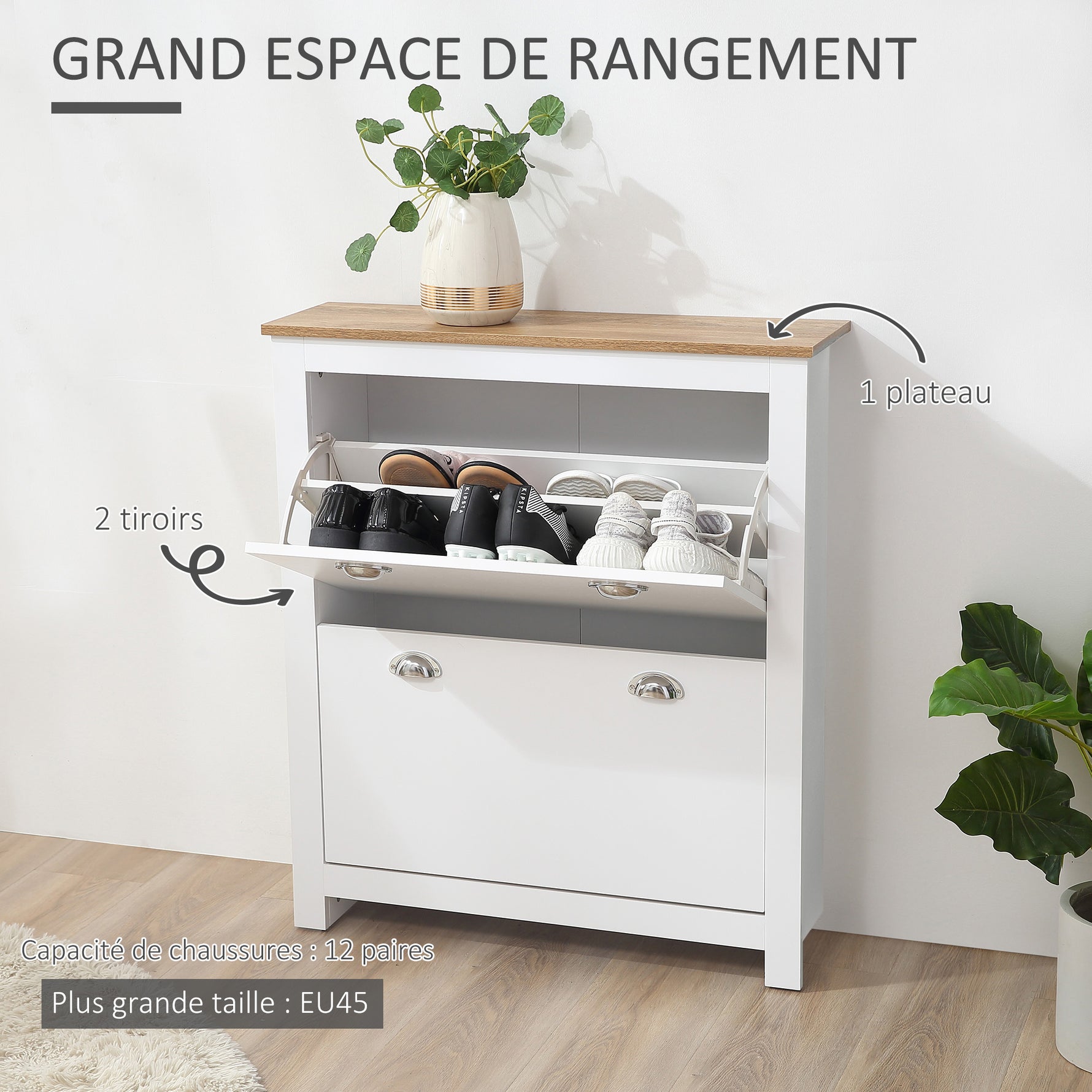 Meuble à chaussures 12 paires, armoire à chaussures étroite avec 2 tiroirs rabattables et étagères réglables, poignées coquilles métal, pour couloir, entrée, 79 x 23 x 90,5 cm, blanc et chêne