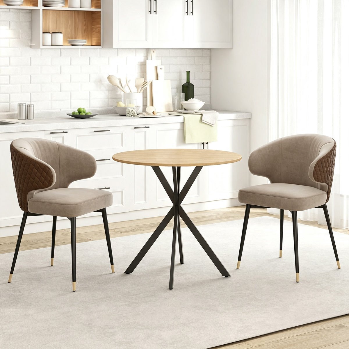Mesa de comedor redonda para 2 personas con tablero efecto madera y base cruzada de acero, blanco roble