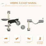Arbre à chat parcours mural complet 4 pièces hamac, pompon, plateformes de saut, poteau en sisal et échelle peluche gris