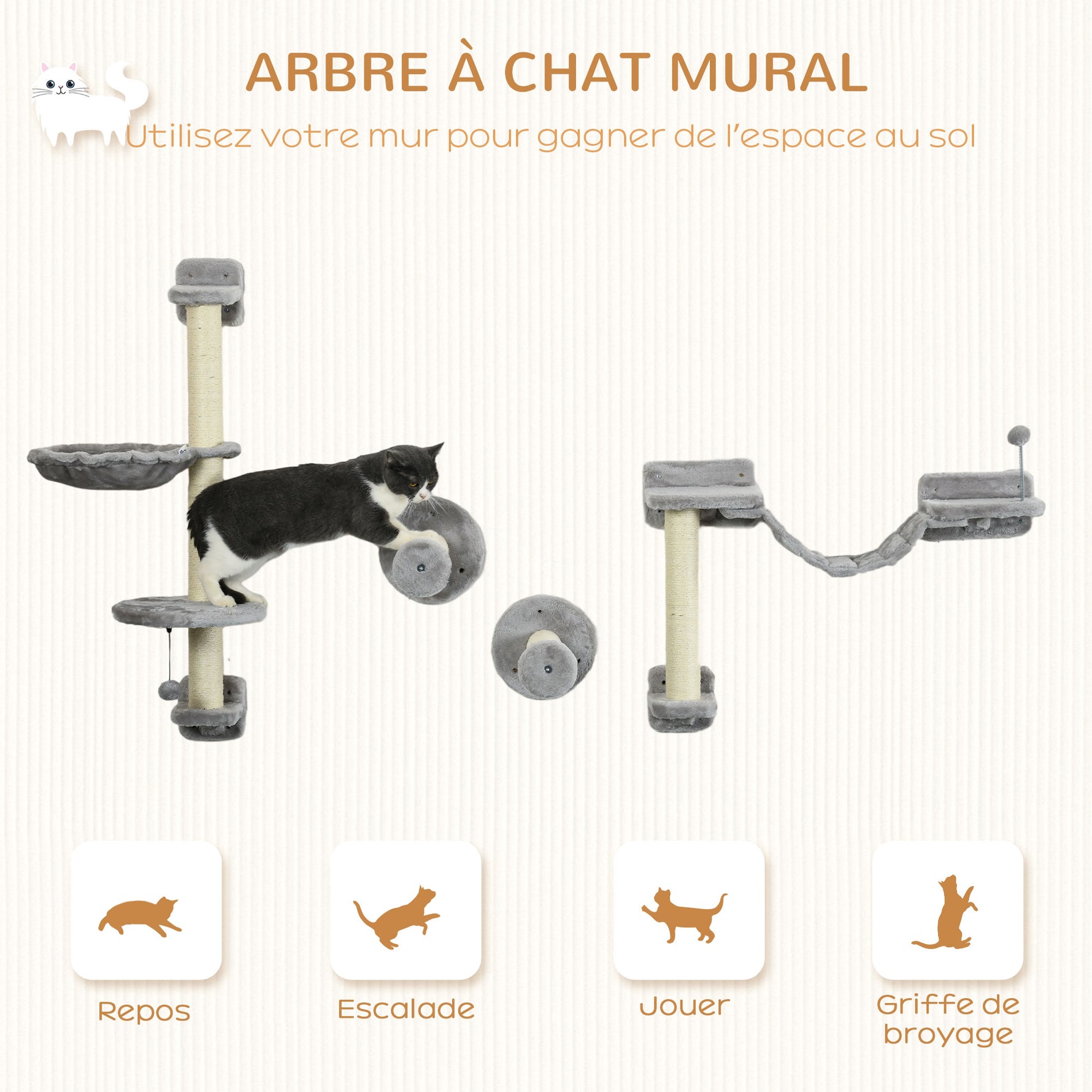 Arbre à chat parcours mural complet 4 pièces hamac, pompon, plateformes de saut, poteau en sisal et échelle peluche gris