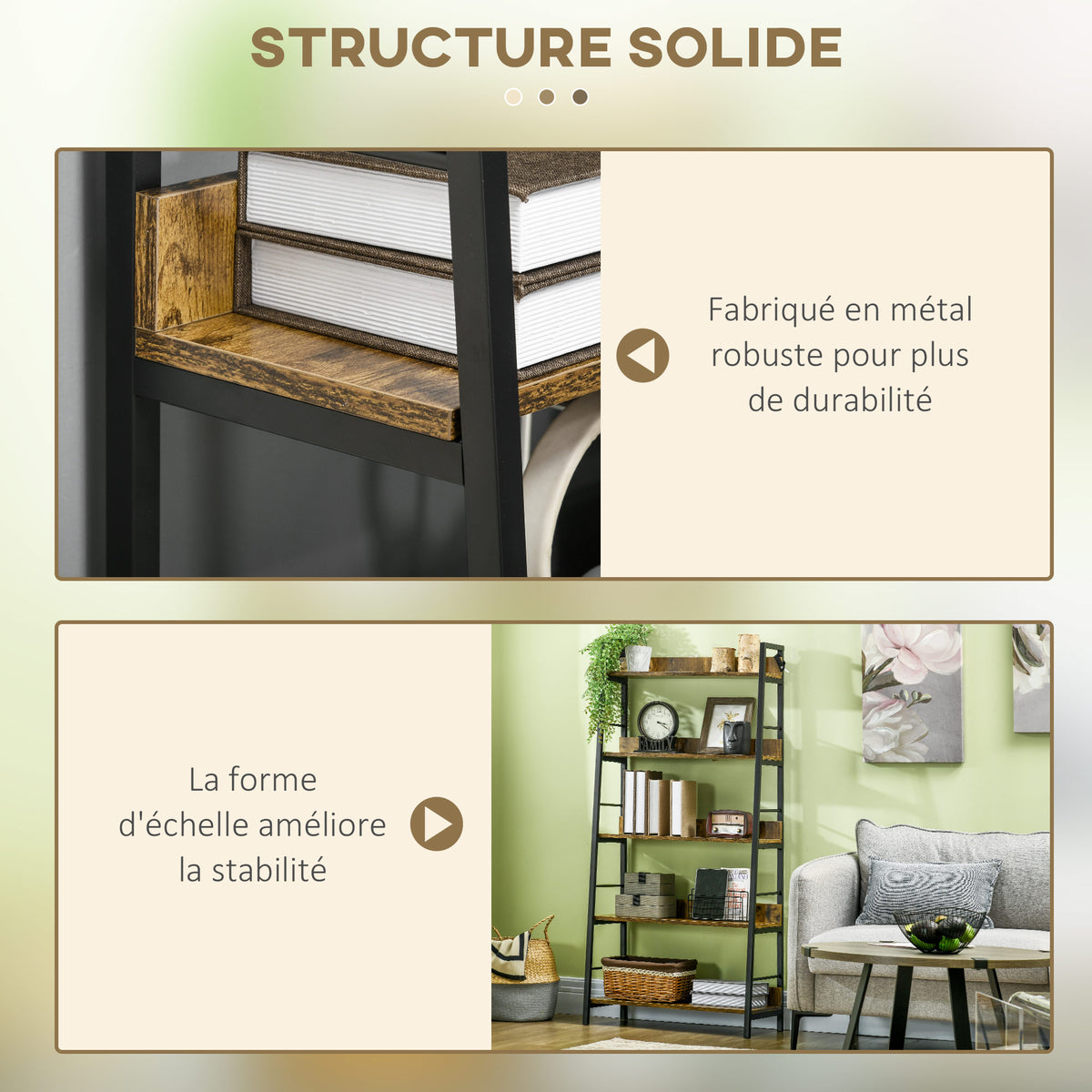 Étagère bibliothèque Style Industriel incliné 5 Niveaux 70L x 35l x 150H cm
