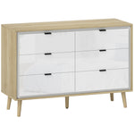 Commode 6 tiroirs, meuble de rangement à haute brillance, 5 pieds en bois, 110 x 40 x 75 cm, blanc et chêne