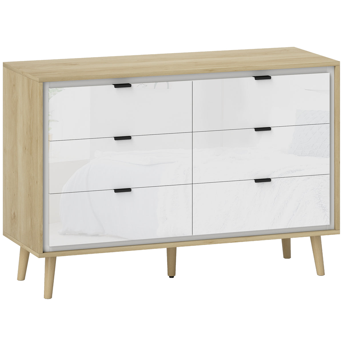 Commode 6 tiroirs, meuble de rangement à haute brillance, 5 pieds en bois, 110 x 40 x 75 cm, blanc et chêne