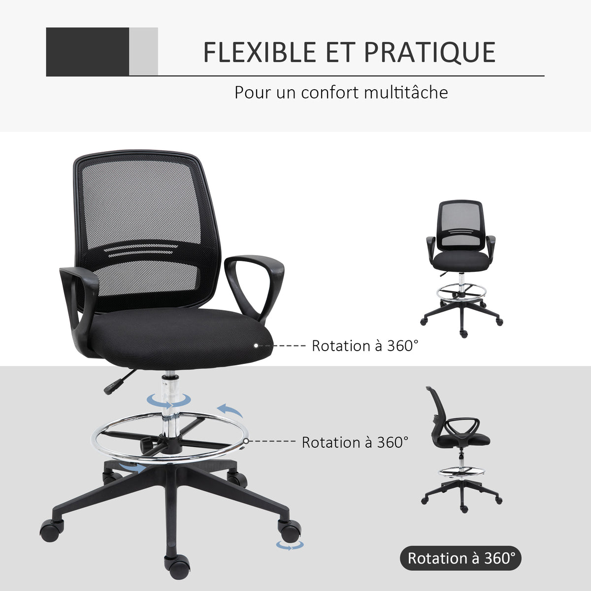Fauteuil de bureau chaise de bureau assise haute réglable tabouret de bureau pivotant 360° maille respirante