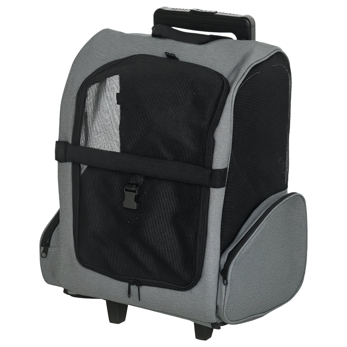Sac de transport à roulettes pour chien 2 en 1 trolley chariot sac à dos pour chien chat avec poignée téléscopique, sacs de rangement, aérations, attache de sécurité, 42 x 25 x 55 cm, gris