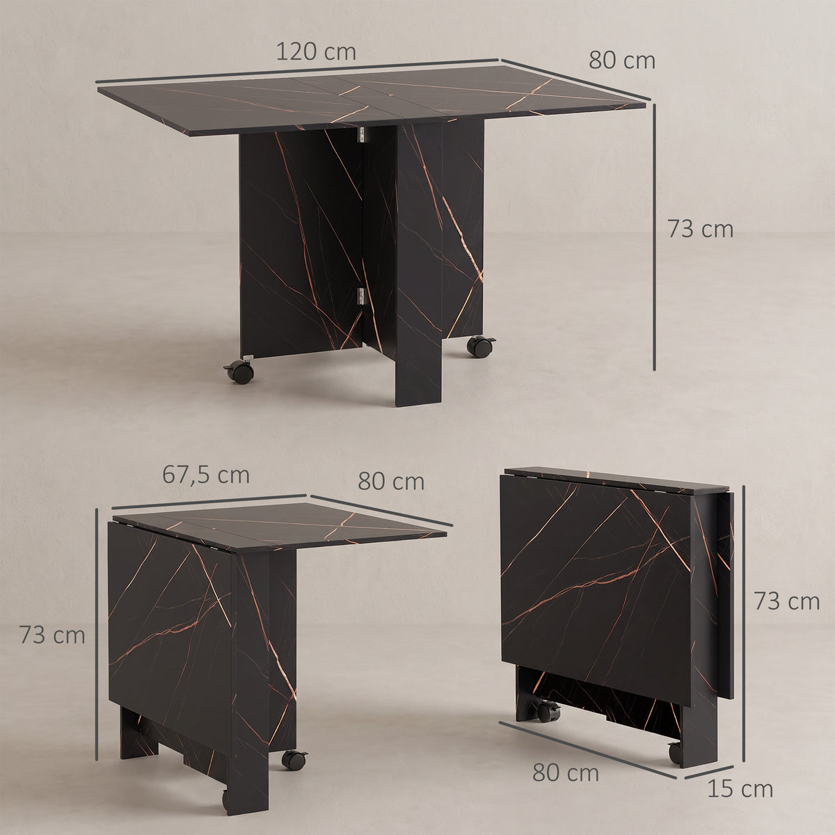 Tavolo pieghevole da cucina tavolo da pranzo pieghevole con 2 ribalte 2 ruote con freni 120 x 80 x 73 cm nero effetto marmo