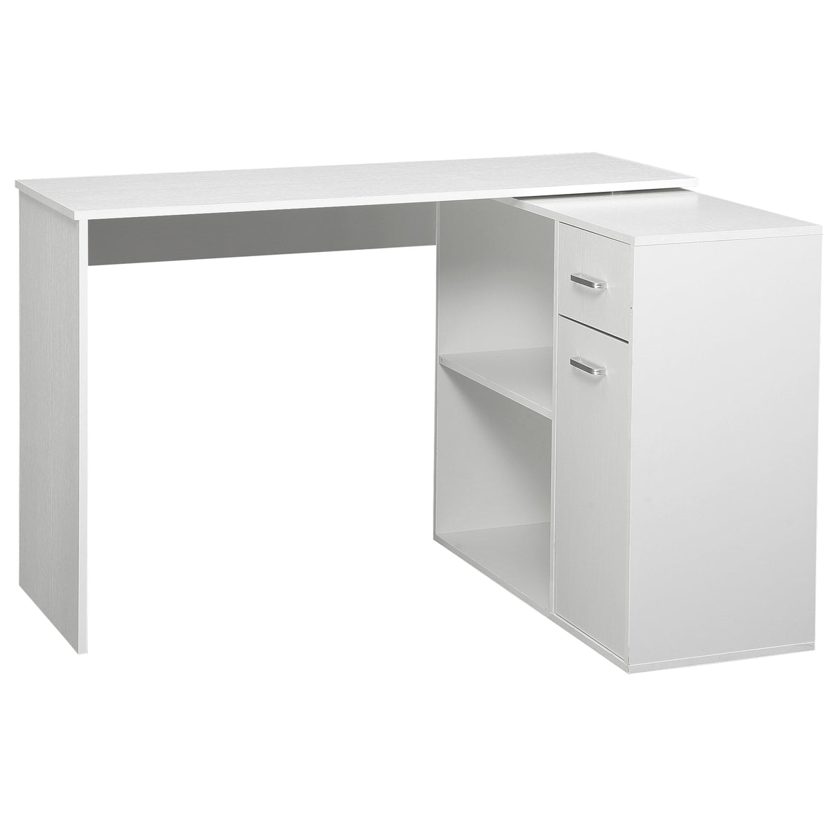Bureau d'angle rotatif à 180°, bureau d'ordinateur, bibliothèque, tiroir, placard, poste de travail, 117x82x74cm, blanc