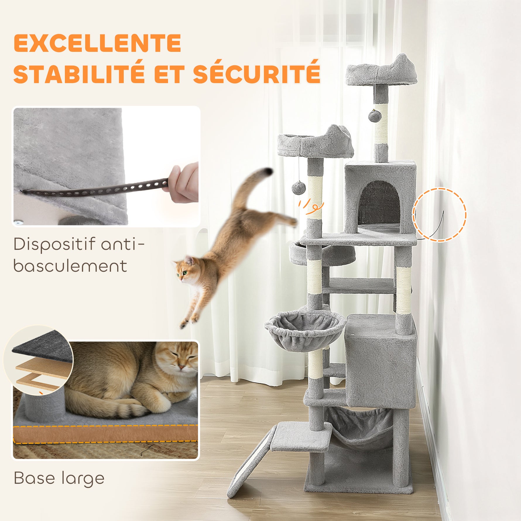 Arbre à chat tour de jeux pour chat 8 poteaux à griffer 4 plateformes 2 niches  échelle et 3 boules hauteur 192 cm gris
