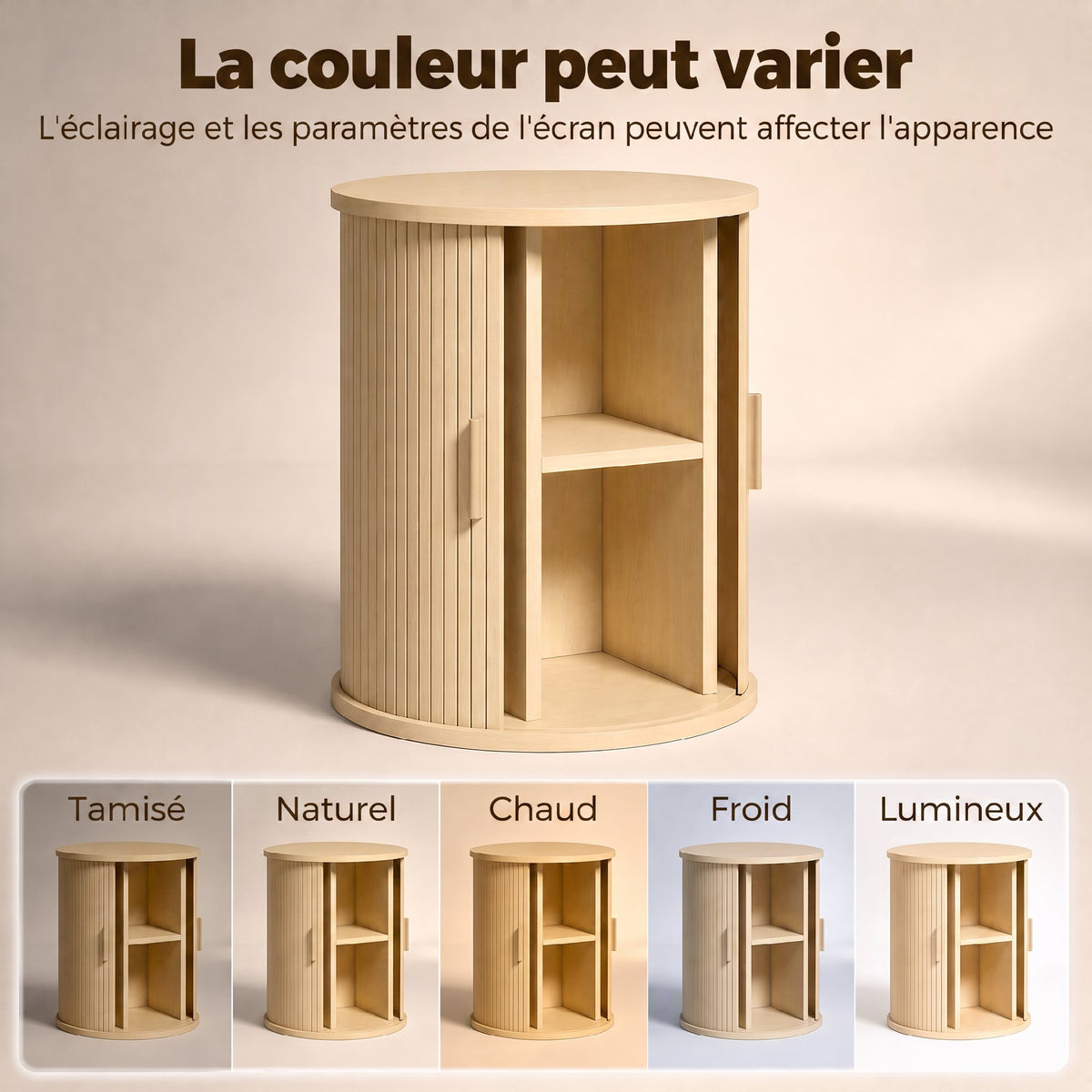 Table de Chevet, Table de Nuit Ronde Cannelée avec Porte Coulissante, pour Chambre à Coucher, Salon, 40x40x50cm, Chêne