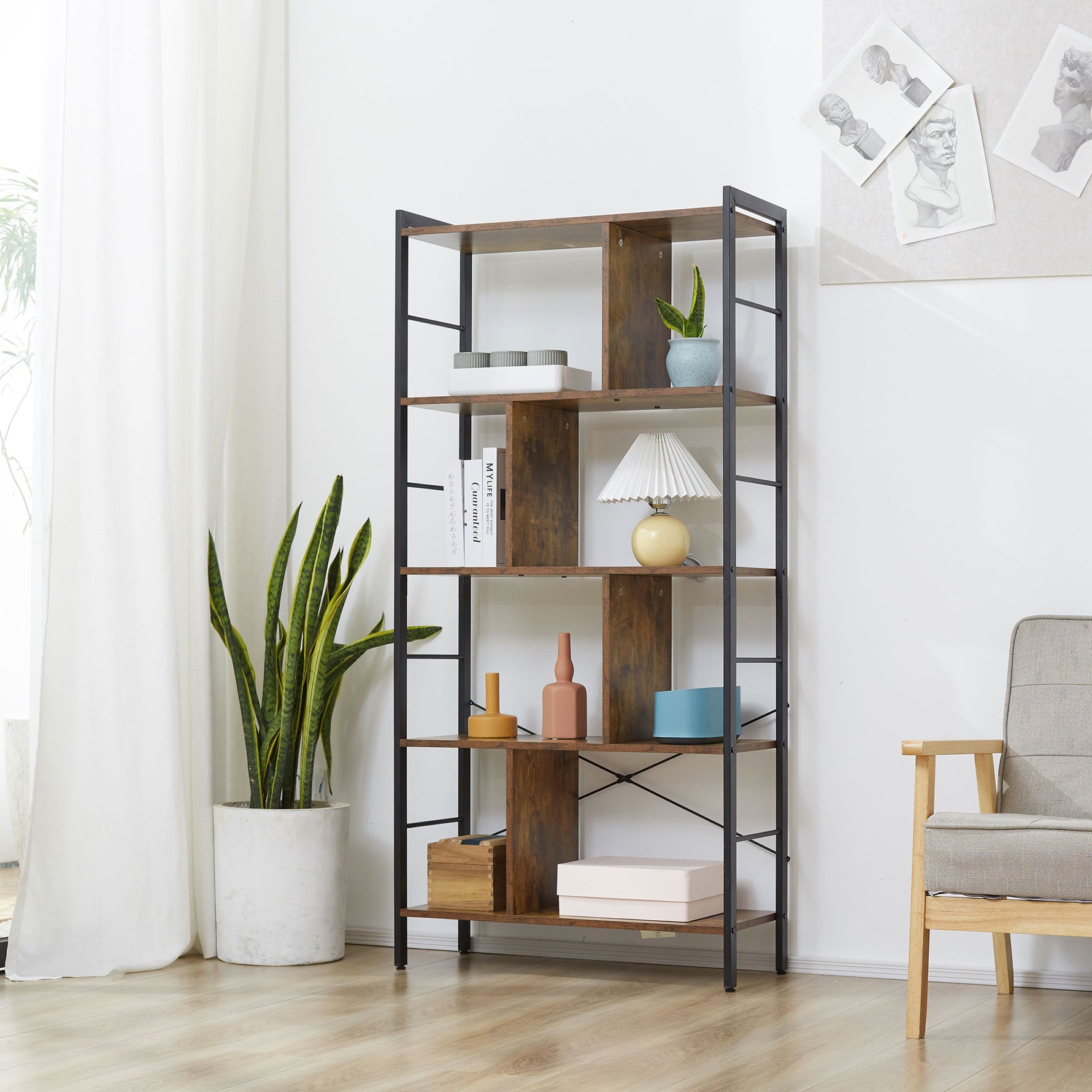 Bibliothèque étagère de rangement à 5 niveaux avec compartiments ouverts 74 x 30 x 157,5 cm brun rustique et noir