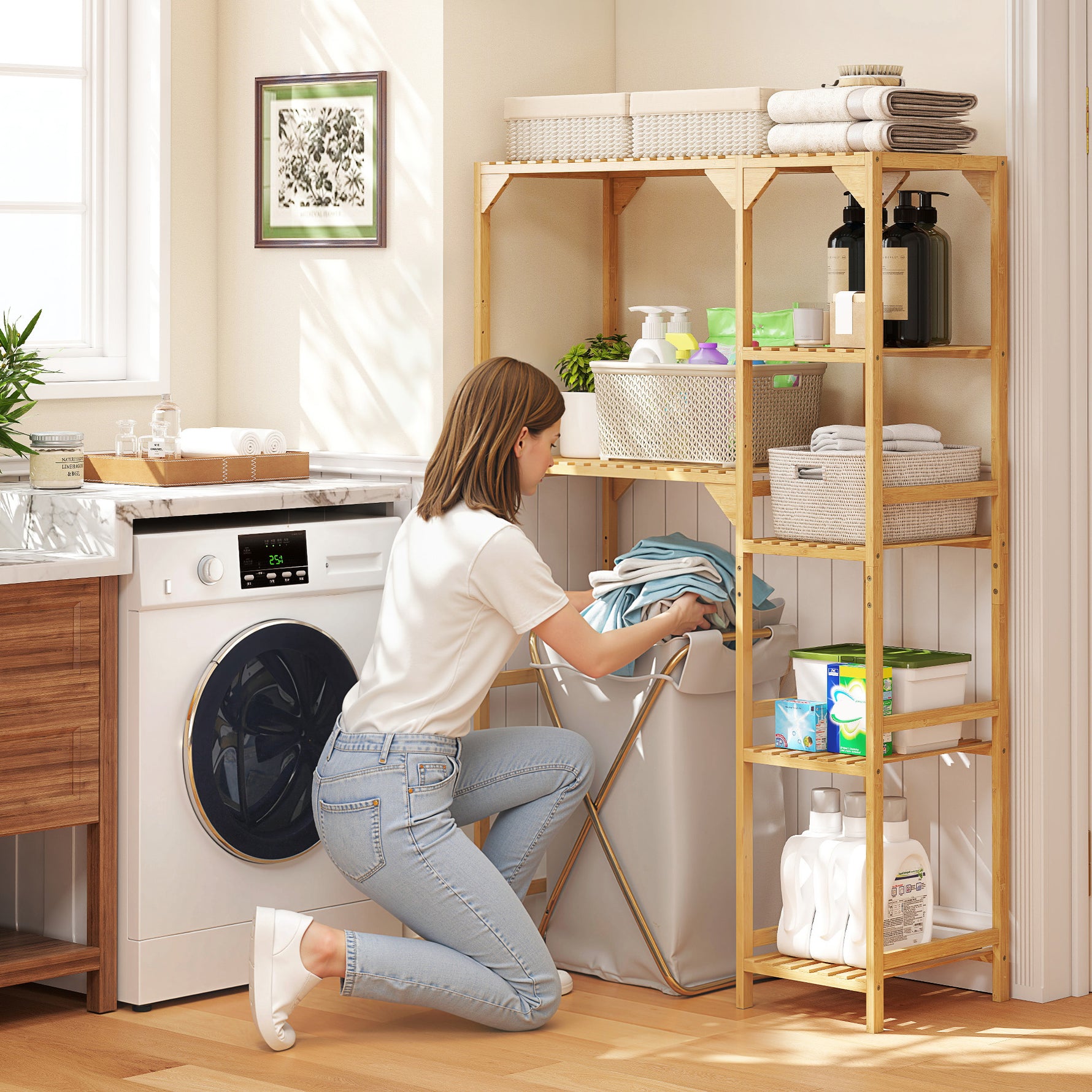 Étagère au-dessus de Machine à Laver en Bambou, Meuble de Salle de Bain Moderne avec Étagères Réversibles, Bois Naturel