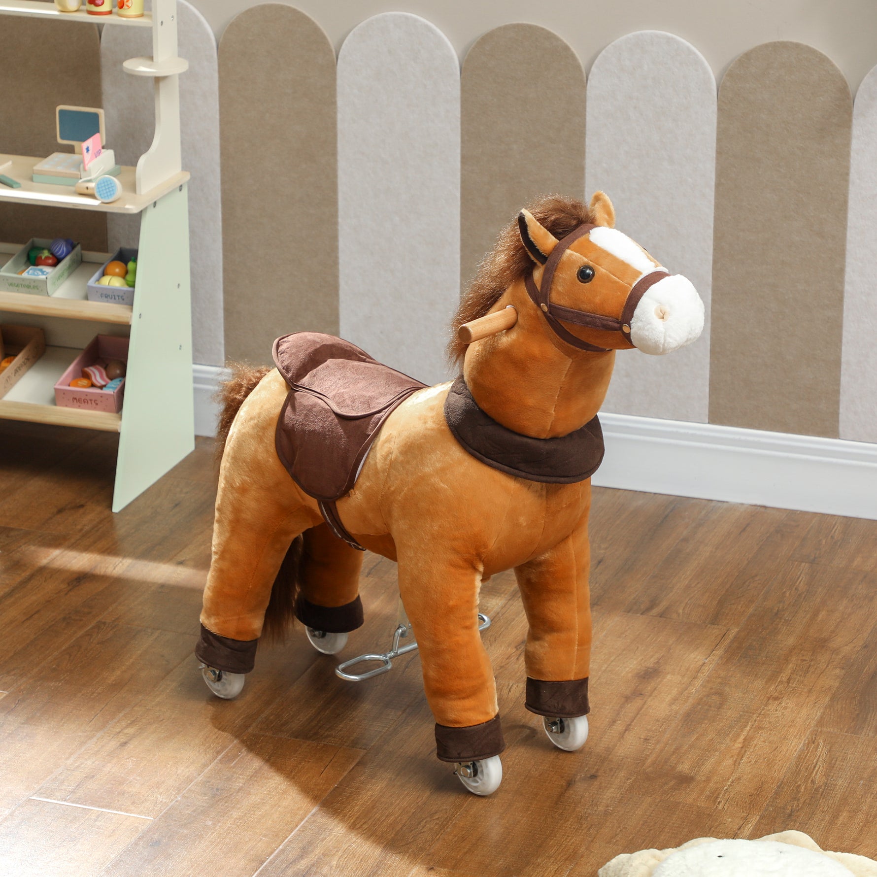 Cheval à Monter pour Enfant, Cheval à Roulettes en Peluche, Poignée, 75 cm de Haut, pour 3 à 5 Ans, Marron