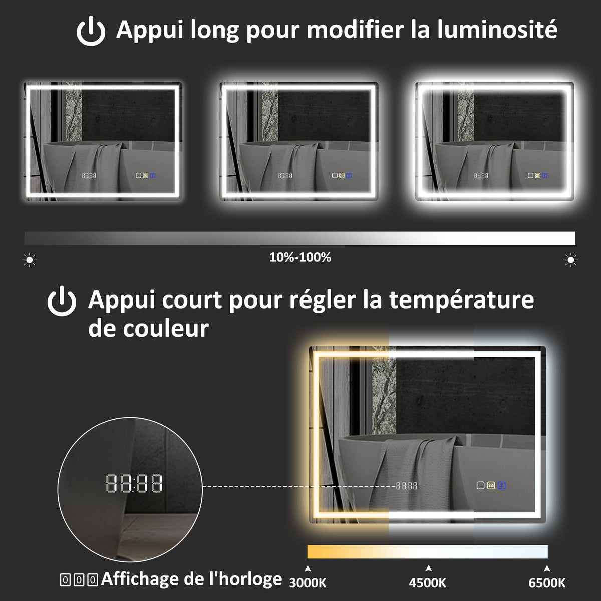 Miroir salle de bain LED bluetooth 60 x 80 cm interrupteur tactile lumière réglable 3 couleurs anti-buée mémoire argent