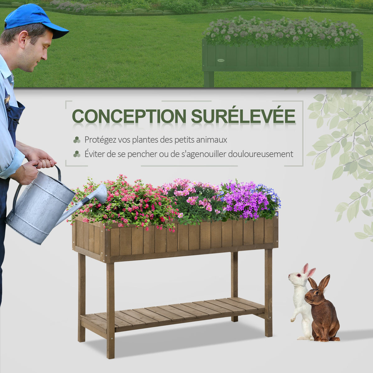 Jardinière sur Pieds carré Potager étagère dim. 110L x 46l x 76H cm 8 Compartiments Inserts d'irrigation Bois de Sapin