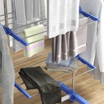Séchoir à linge étendoir pliable ailes latérales utilisation intérieure et extérieure 3 niveaux 142 x 55 x 152 cm bleu