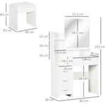 Ensemble de coiffeuse avec tabouret rembourré grand miroir + plusieurs étagères ouvertes + 4 tiroirs blanc