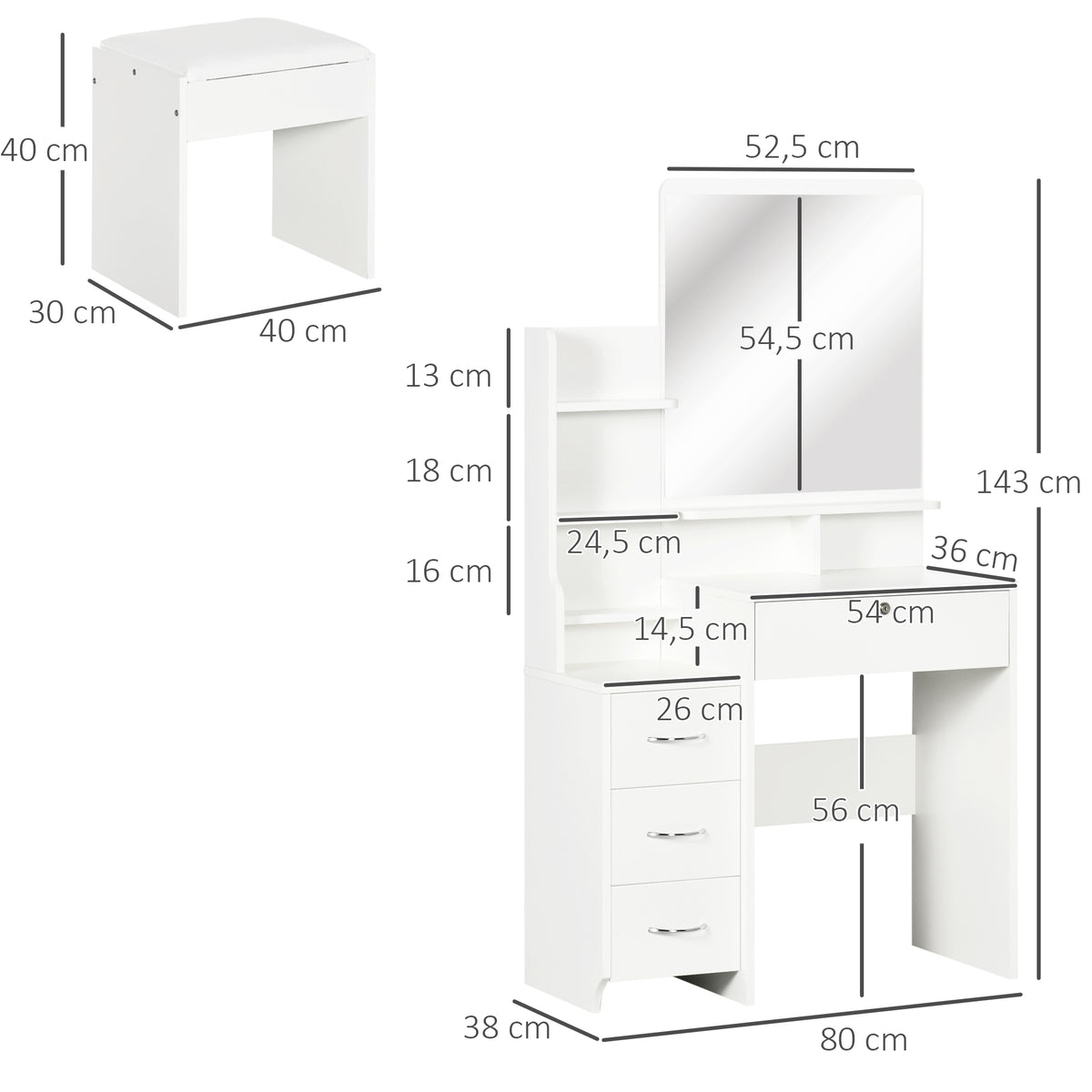 Ensemble de coiffeuse avec tabouret rembourré grand miroir + plusieurs étagères ouvertes + 4 tiroirs blanc