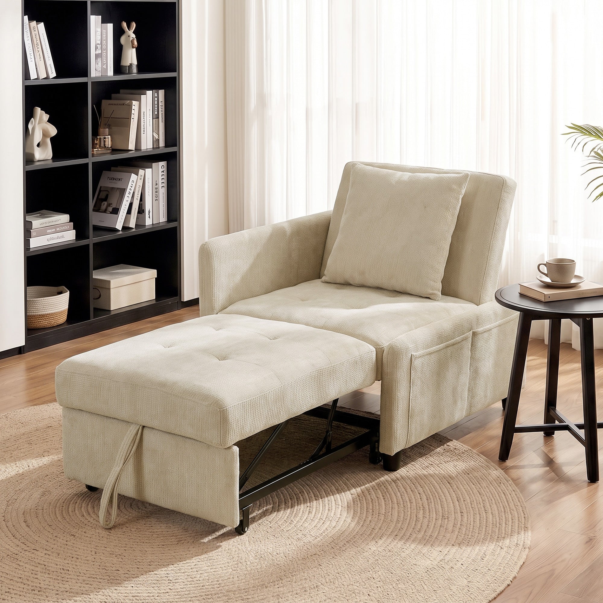 1-persoons slaapfauteuil, 4-in-1 slaapfauteuil van chenillestof, verstelbare rugleuning, brede zitting, beige