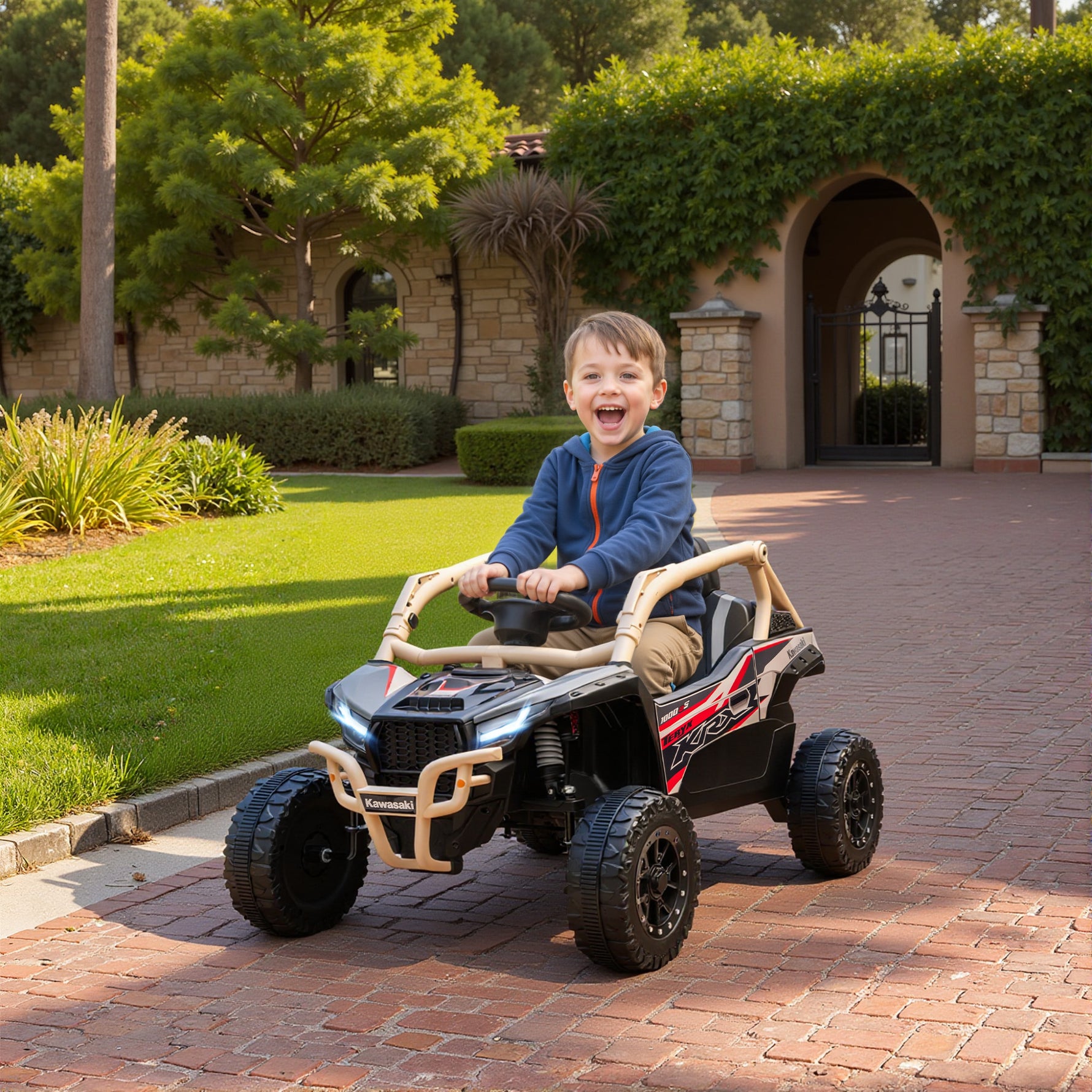 Voiture électrique enfant UTV KAWASAKI TERYX KRX 1000 12 V à 2 moteurs 25 W télécommande 2,4 Ghz 100 x 64 x 56 cm jaune