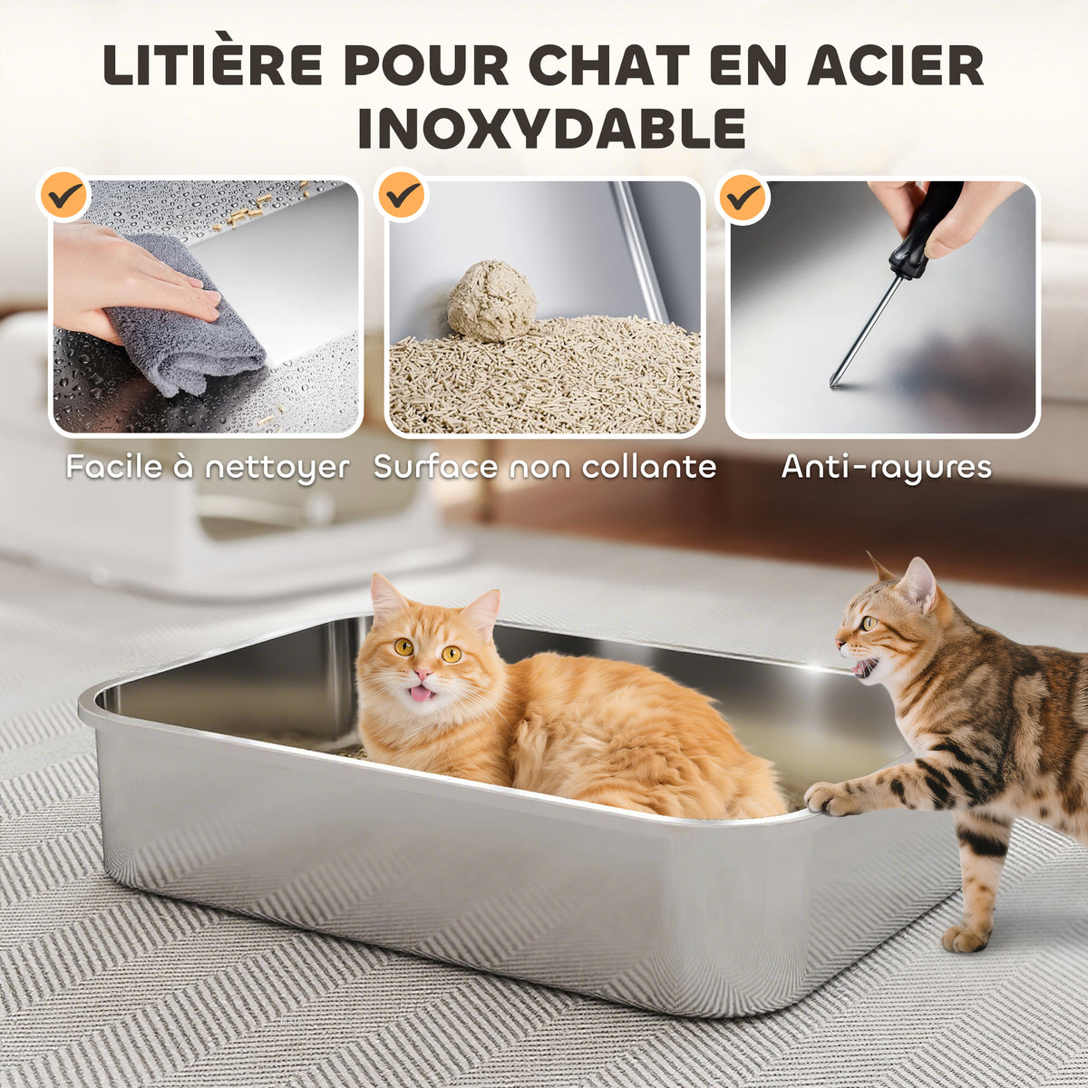 Bac à litière pour chat fermé en acier inoxydable, maison de toilette pour chat avec pelle, 70 x 50 x 46,5 cm, blanc