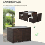 Ensemble salon de jardin encastrable 4 chaises monoblocs avec coussins déhoussables et table résine tressée
