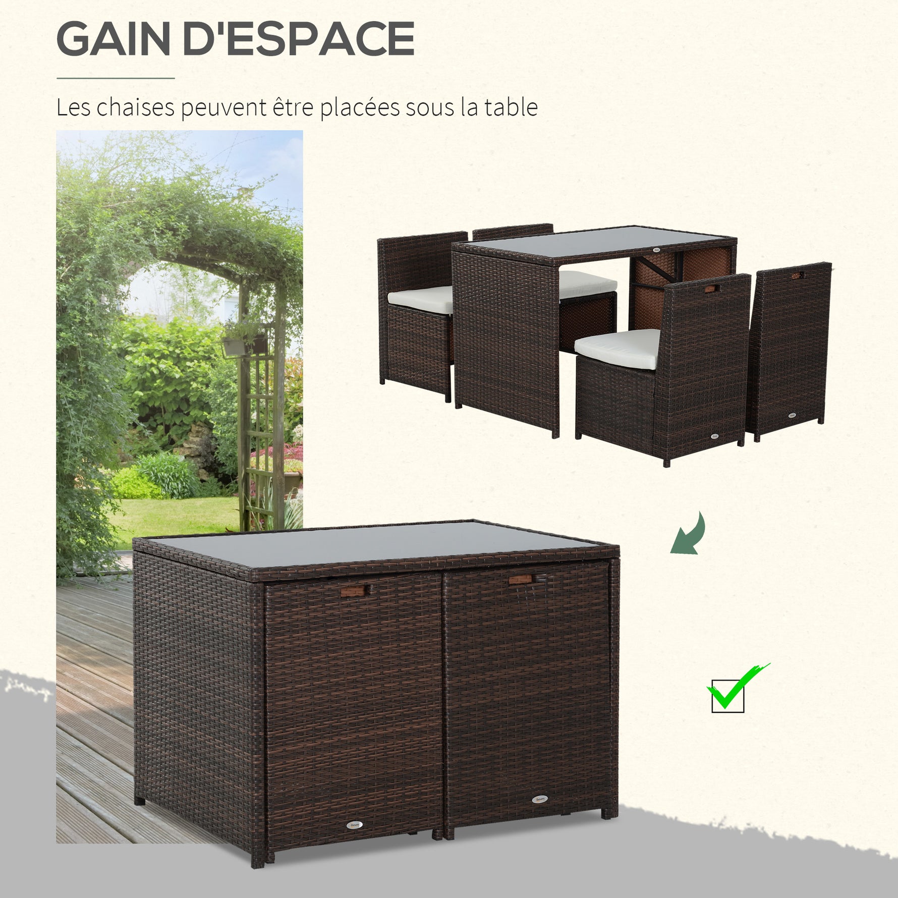 Ensemble salon de jardin encastrable 4 chaises monoblocs avec coussins déhoussables et table résine tressée