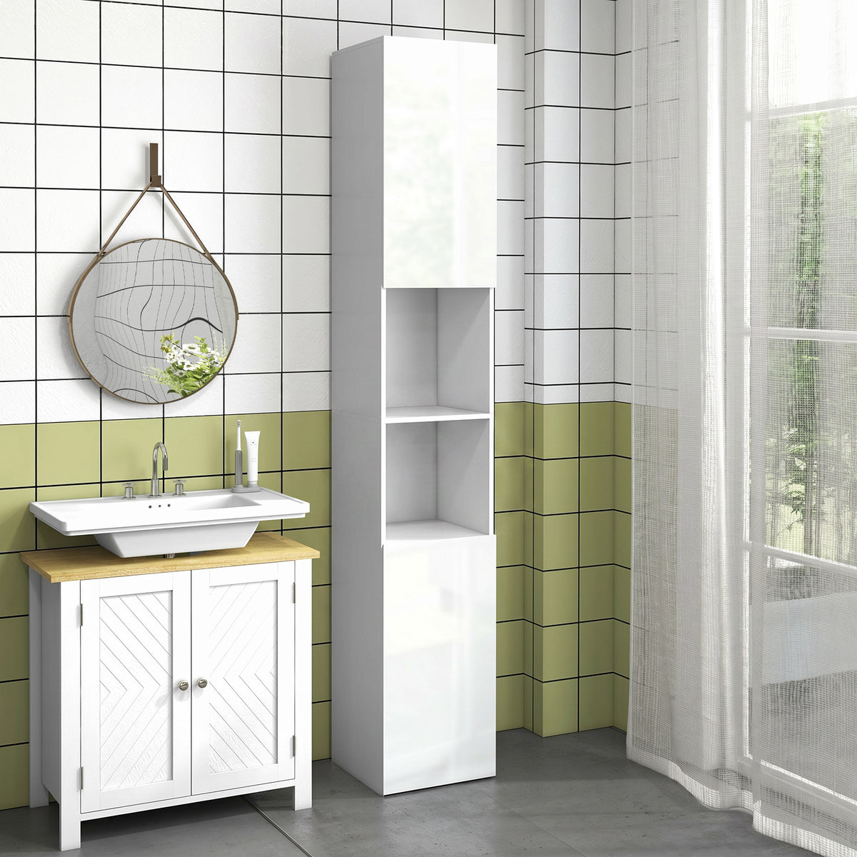 Meuble colonne de salle de bain 2 placards avec étagères réglables + 2 niches 30 x 30 x 181,5 cm blanc