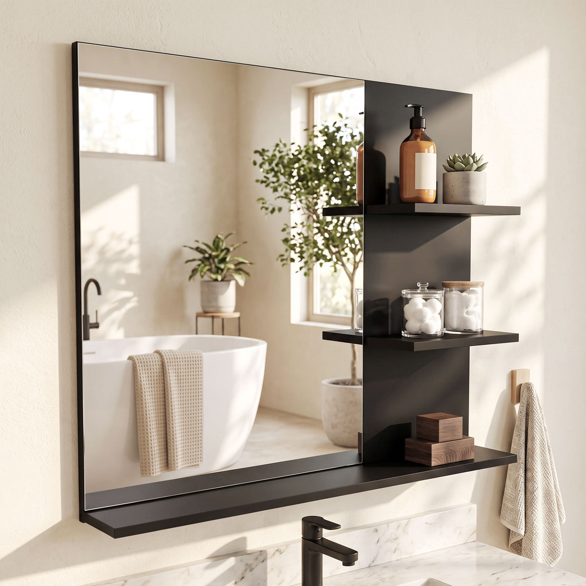 Badezimmerspiegel mit 3 Ablagen 60 x 48 cm, Moderner Wandspiegel für Schlafzimmer, Büro, Schwarz