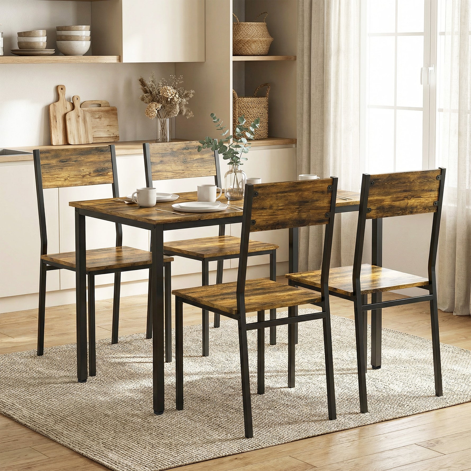 Ensemble table salle à manger avec 4 chaises, table de cuisine avec chaises 4 personnes, pieds en métal, brun rustique
