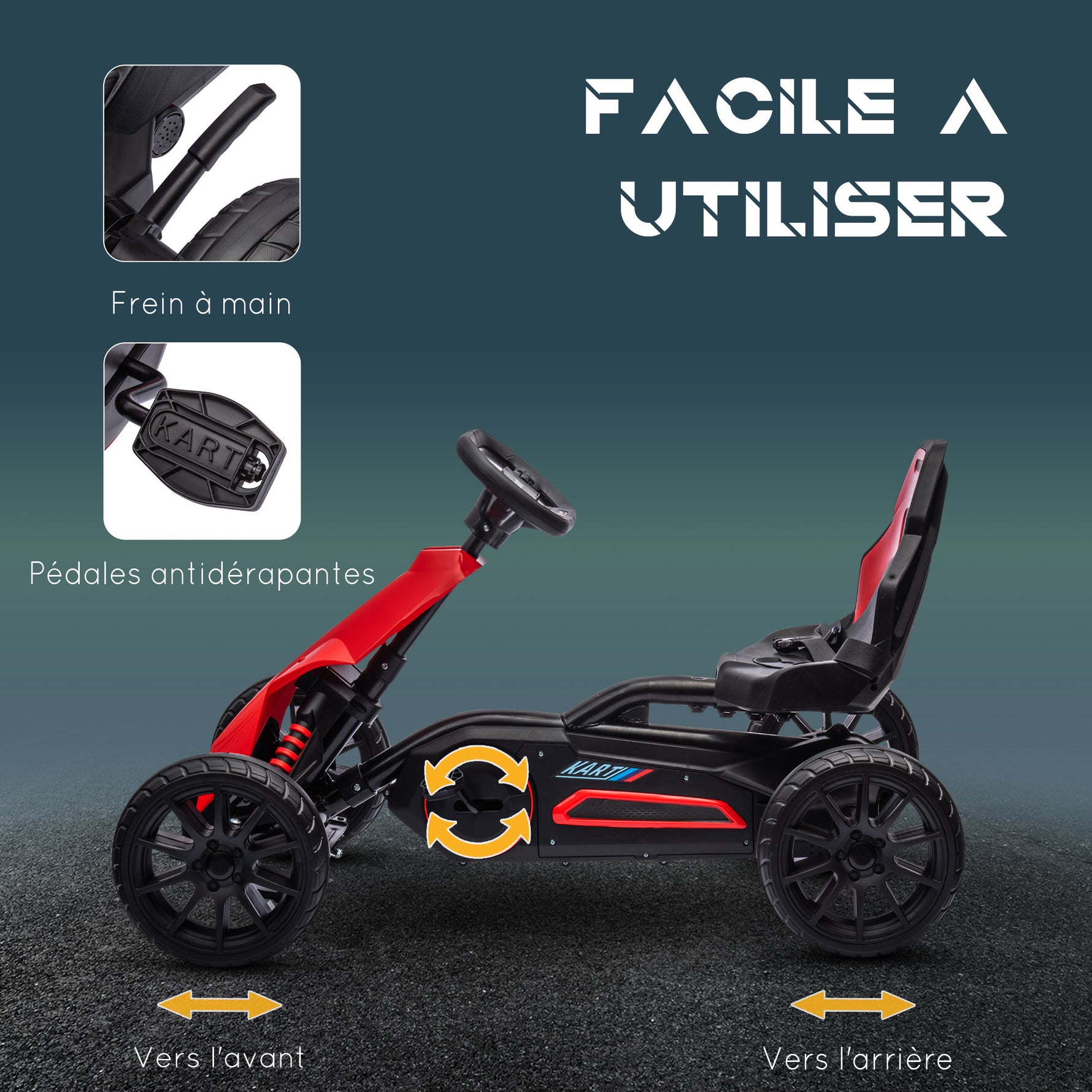 Kart à pédales pour enfants avec siège ajustable 4 positions et roues en EVA 100 x 58 x 58,5 cm rouge et noir