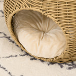 Niche panier maison pour chat 2 niveaux en résine tressée aspect rotin avec 1 coussin doux Ø 40 x 30 cm marron clair