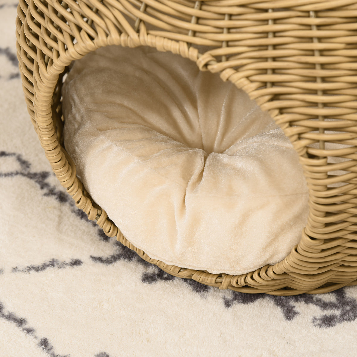 Niche panier maison pour chat 2 niveaux en résine tressée aspect rotin avec 1 coussin doux Ø 40 x 30 cm marron clair