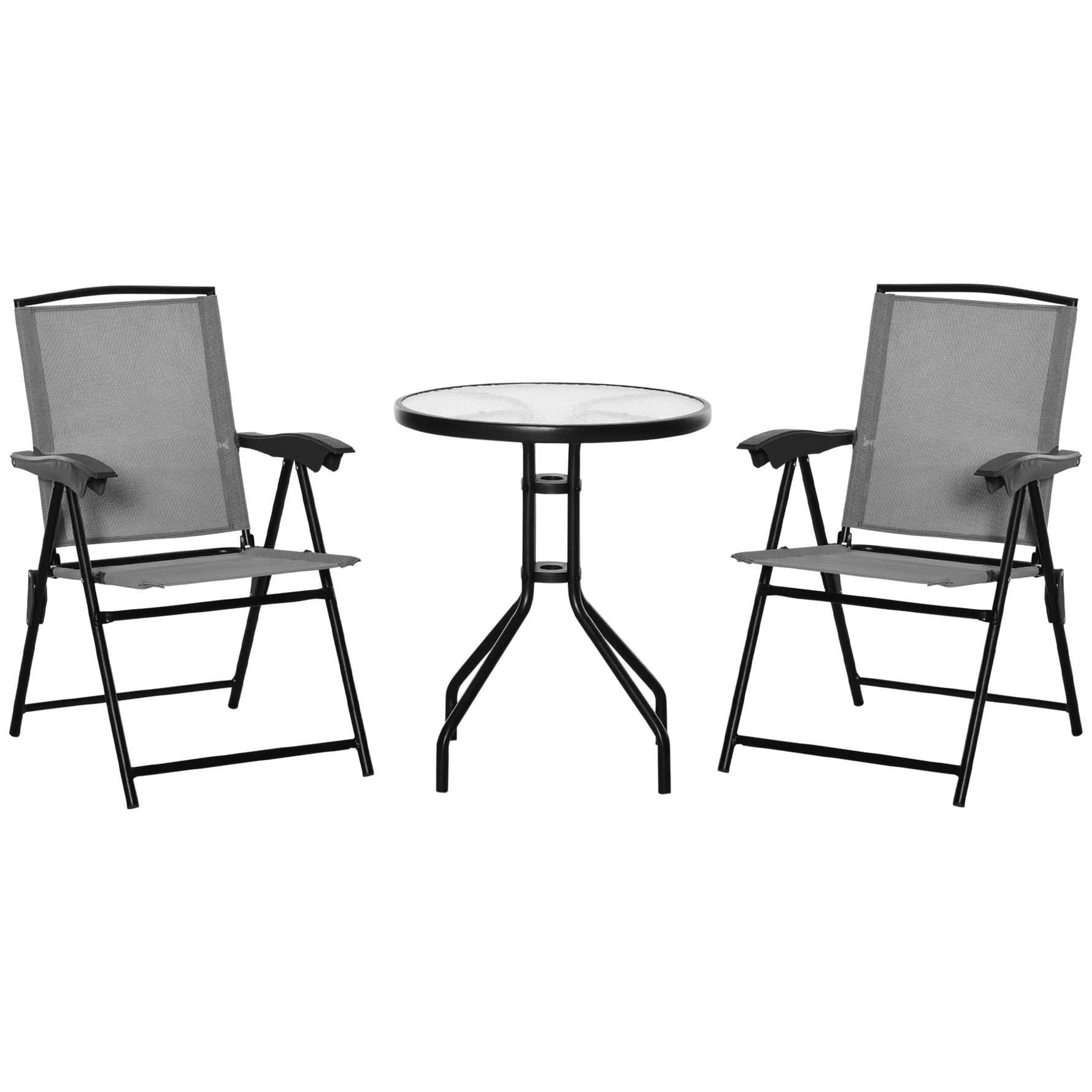 Ensemble de jardin 3 pièces 2 chaises inclinables multi-positions pliables table ronde verre trempé métal textilène gris