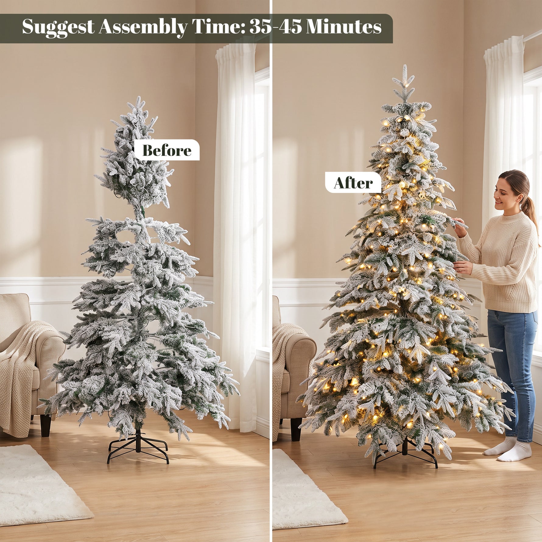 Sapin de Noël Artificiel 180 cm Arbre de Noël Lumineux Enneigé, Branches Articulées, Lumière 350 LEDs, Vert et Blanc