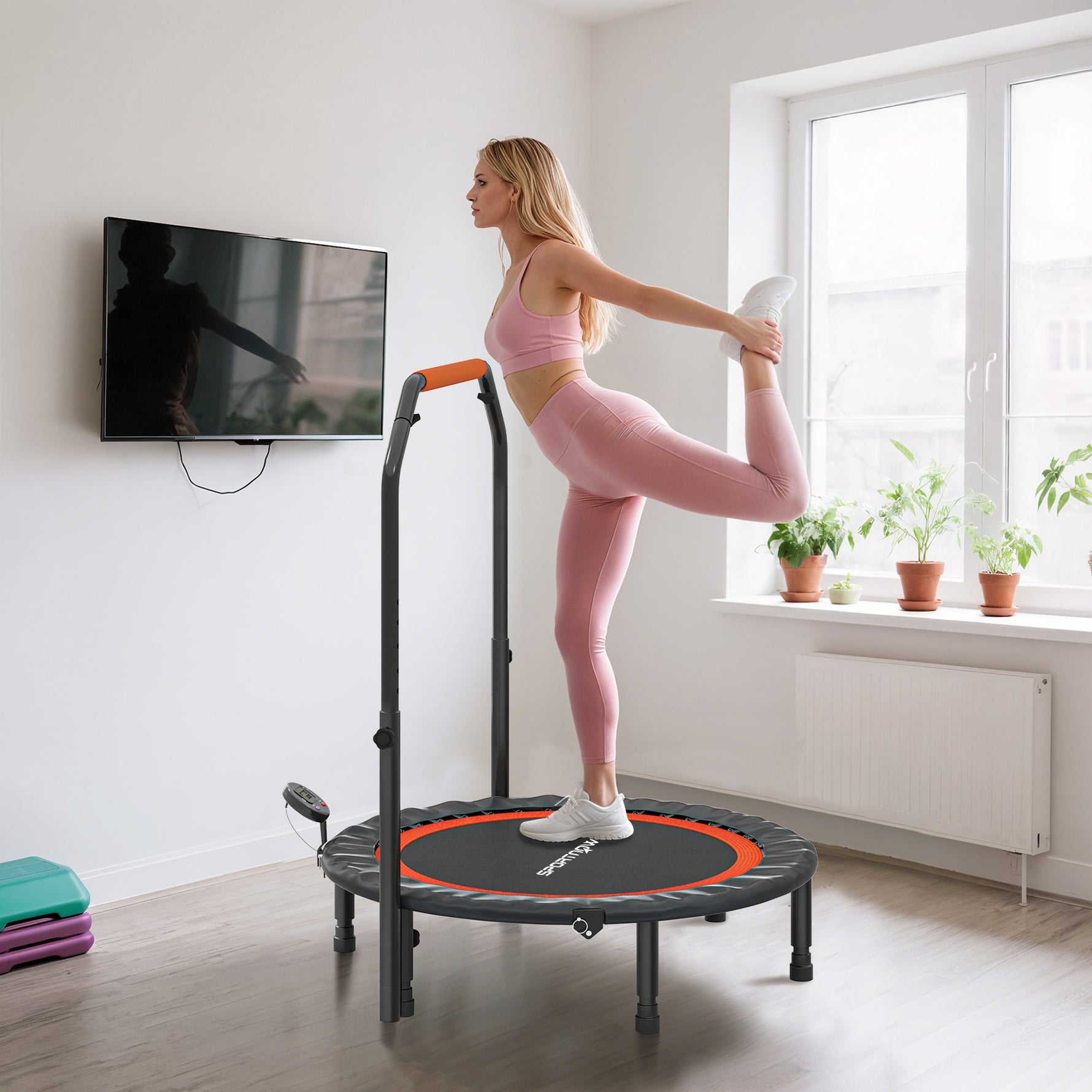 Trampoline de fitness gymnastique avec poignée réglable, pliable, 6 pieds, 28 ressorts Ø 102 cm, noir rouge