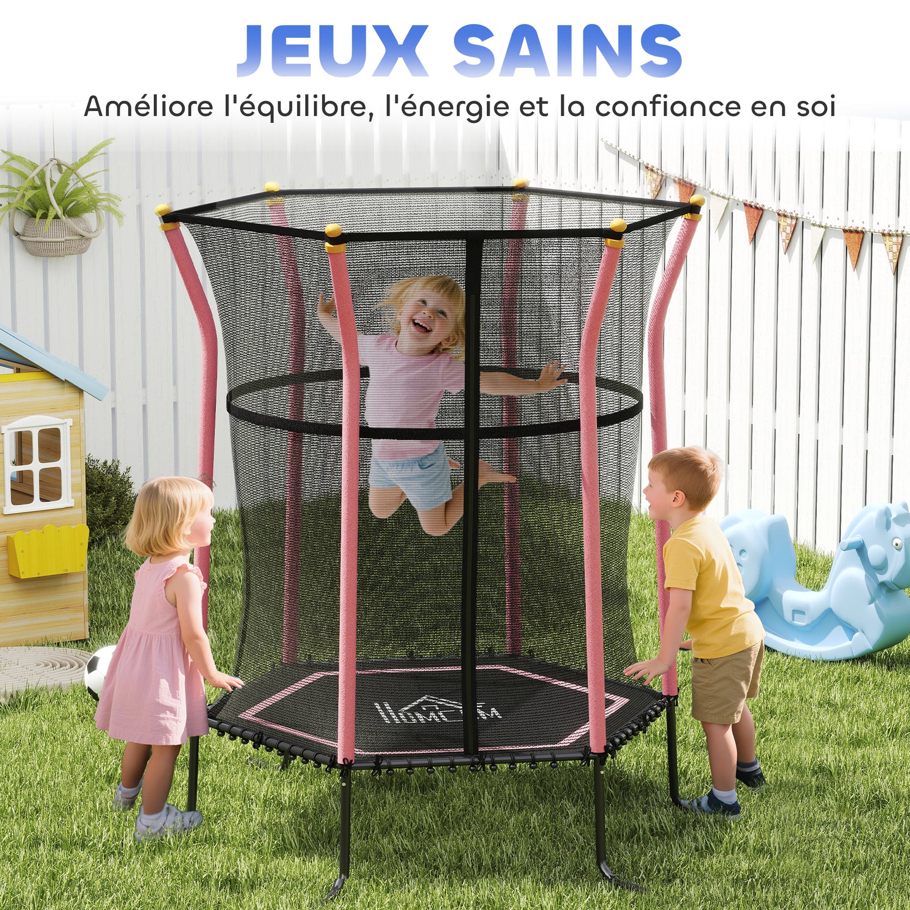 Trampoline pour enfant 1,22 x 1,11 x 1,9 m filet de sécurité porte zippée 6 poteaux rembourrés inclus rose noir