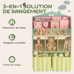 Meuble rangement enfant, bibliothèque enfants avec étagères ouvertes et 2 tiroirs en tissu, MDF, vert