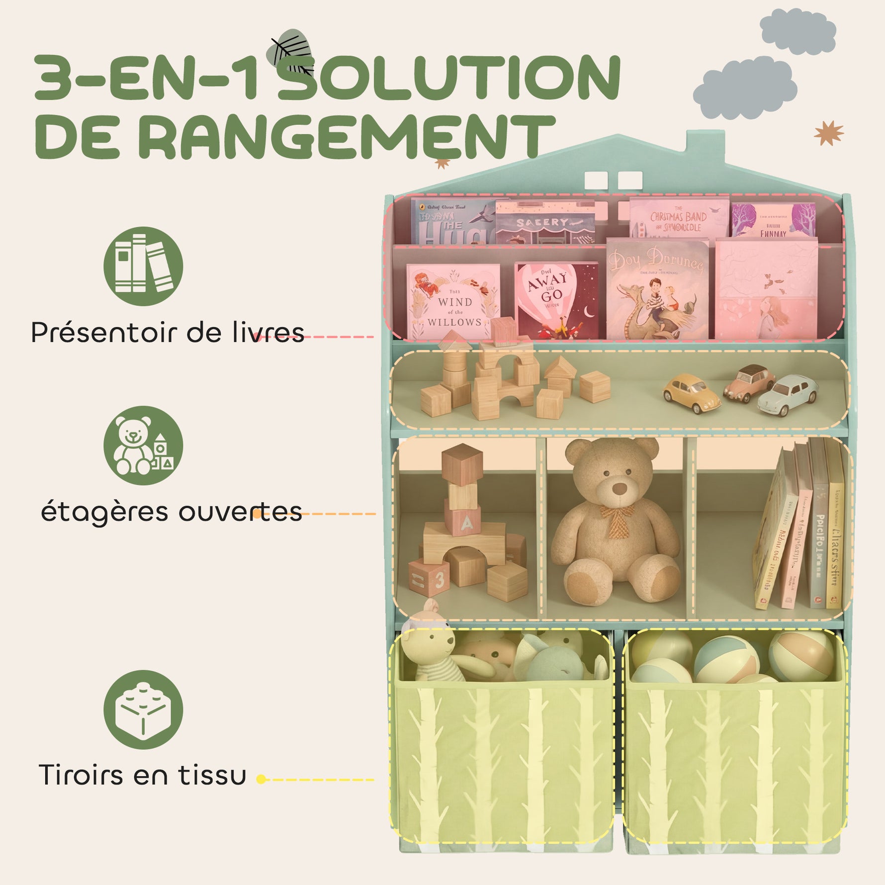 Meuble rangement enfant, bibliothèque enfants avec étagères ouvertes et 2 tiroirs en tissu, MDF, vert