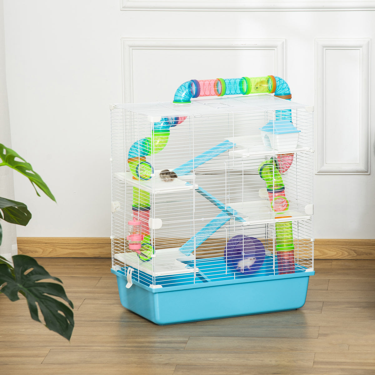 Large hamster cage rodent cage 5 levels with tunnels, water bottle, wheel, little house, and ladders dim. 59L x 36W x 69H cm