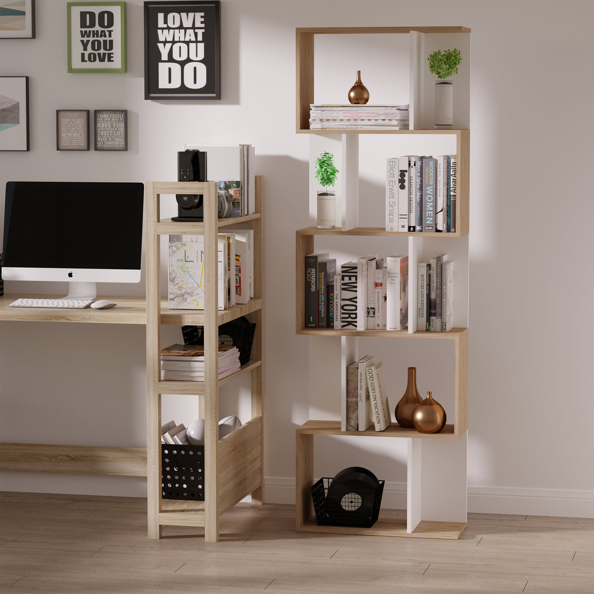 Bibliothèque à 5 niveaux, meuble de rangement en forme de S avec étagères, étagère de rangement blanc