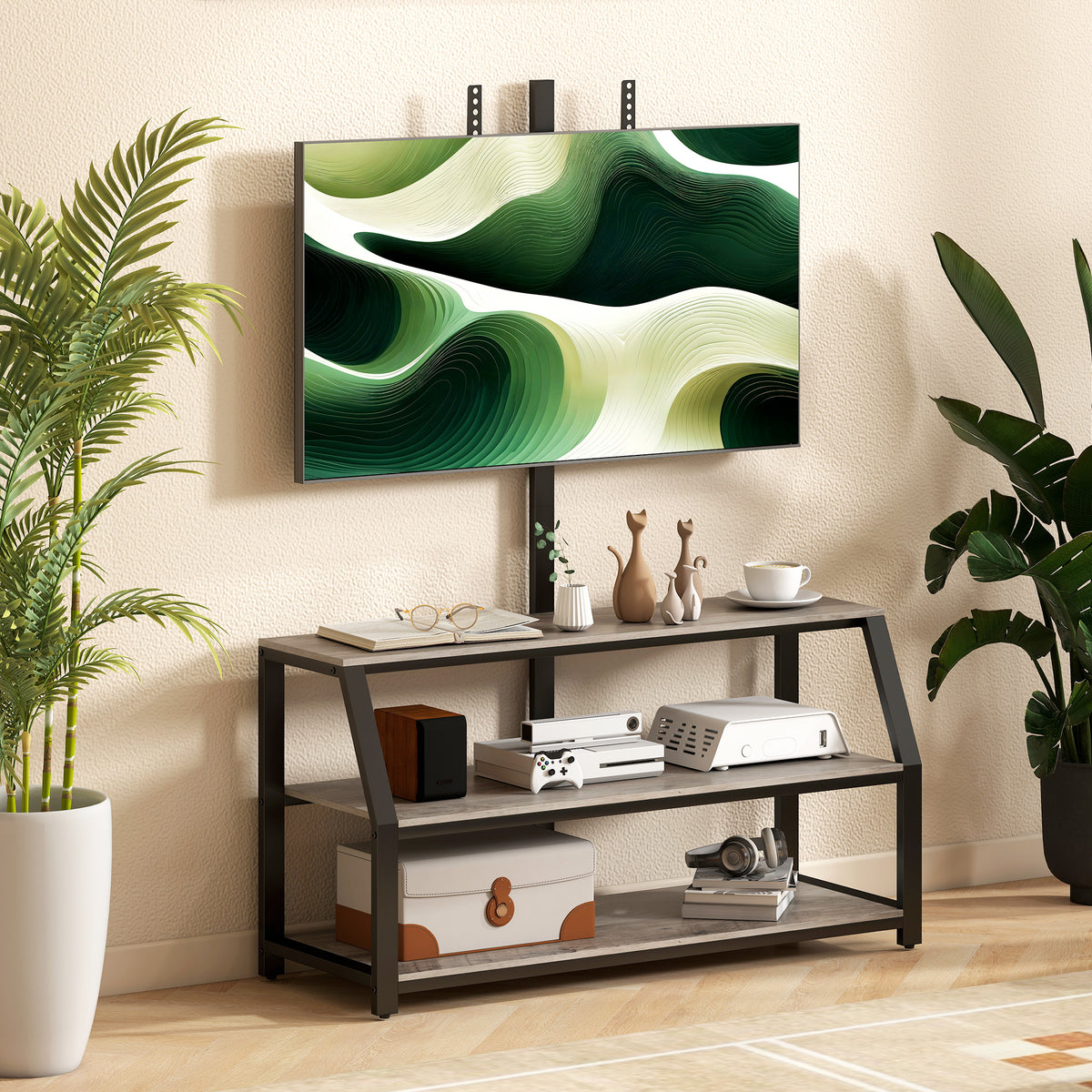 Meuble TV avec support pour téléviseurs jusqu'à 72 pouces, meuble télé avec 2 étagères ouvertes, 110x43x150cm, gris