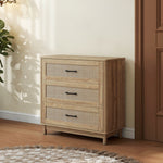 Commode 3 Tiroirs en Rotin, Meuble de Rangement, Chiffonnier, Pieds en Bois Massif, Style Bohème, 76x35x76cm, Chêne